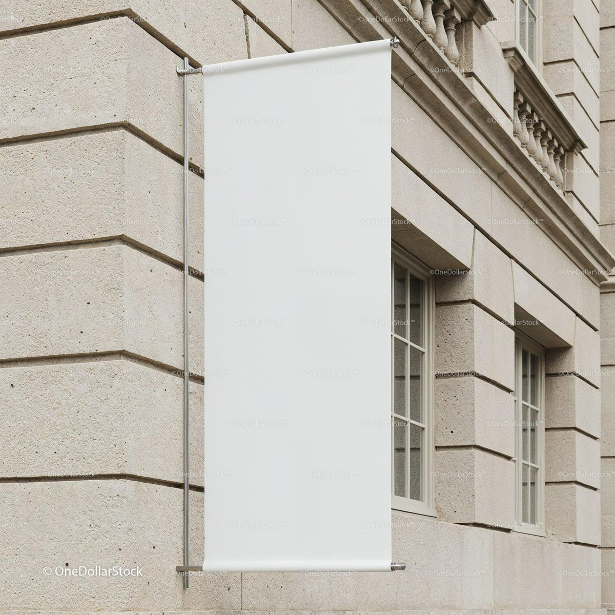 Blank vertical banner hanging on stone building facade JPG Mockup Image preview