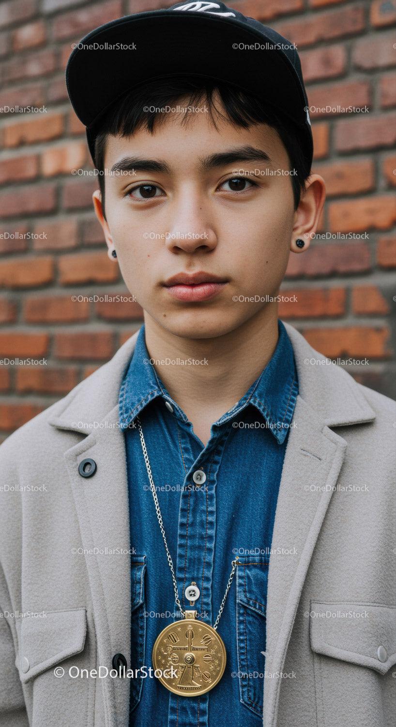 Young person wearing gold pendant with urban background
