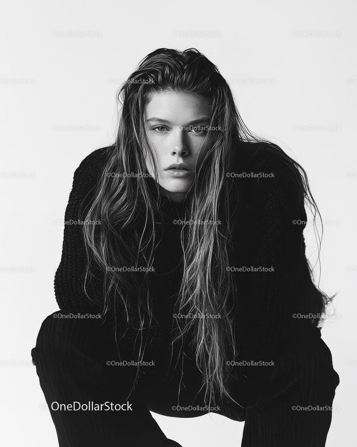 Black and White Fashion Portrait of a Woman with Wet Hair