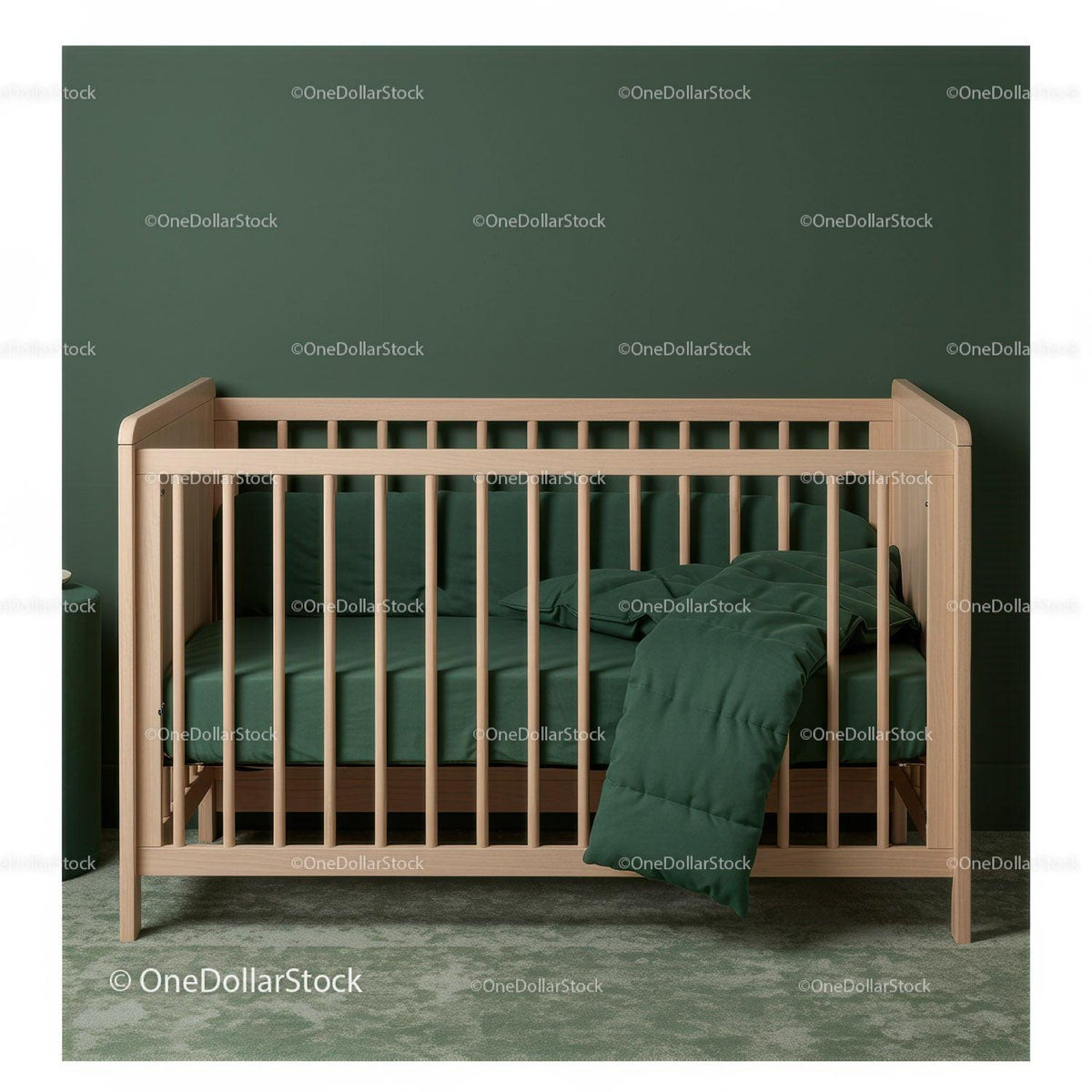 Elegant Wooden Baby Crib in Green Bedroom for Modern Nursery