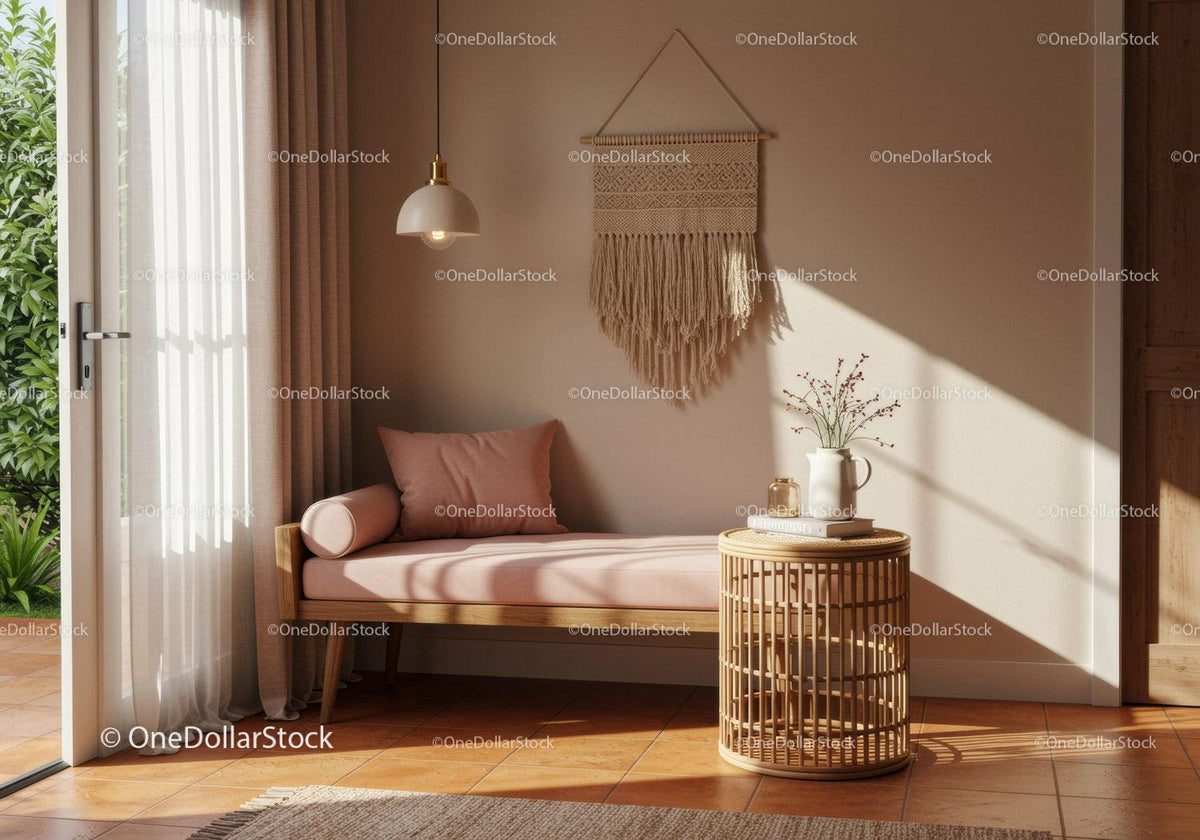 Cozy corner with daybed and decorative woven wall hanging
