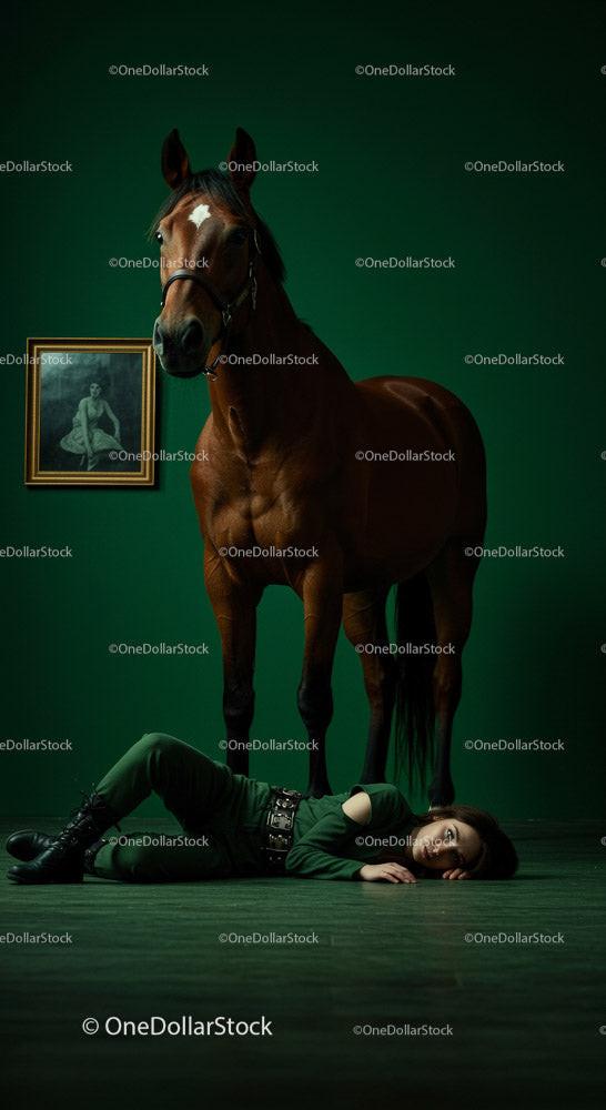Woman Lying on Floor Beside a Horse in Dramatic Green Room Stock Photo Bundle preview 10