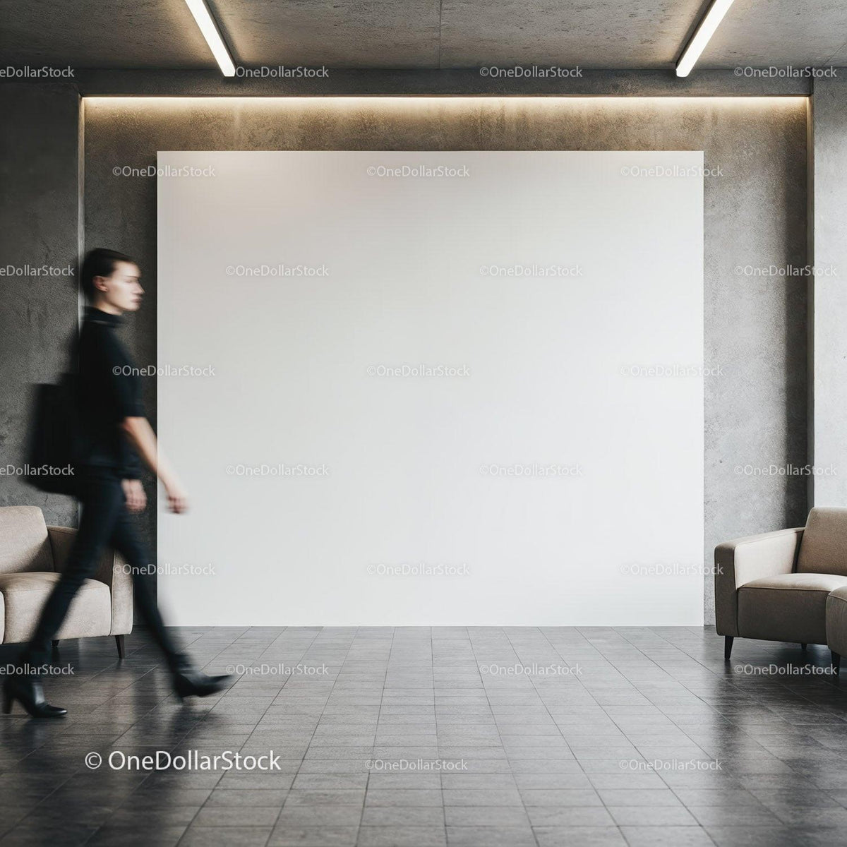 Blurred woman walking past blank wall in modern lobby JPG Mockup Image preview