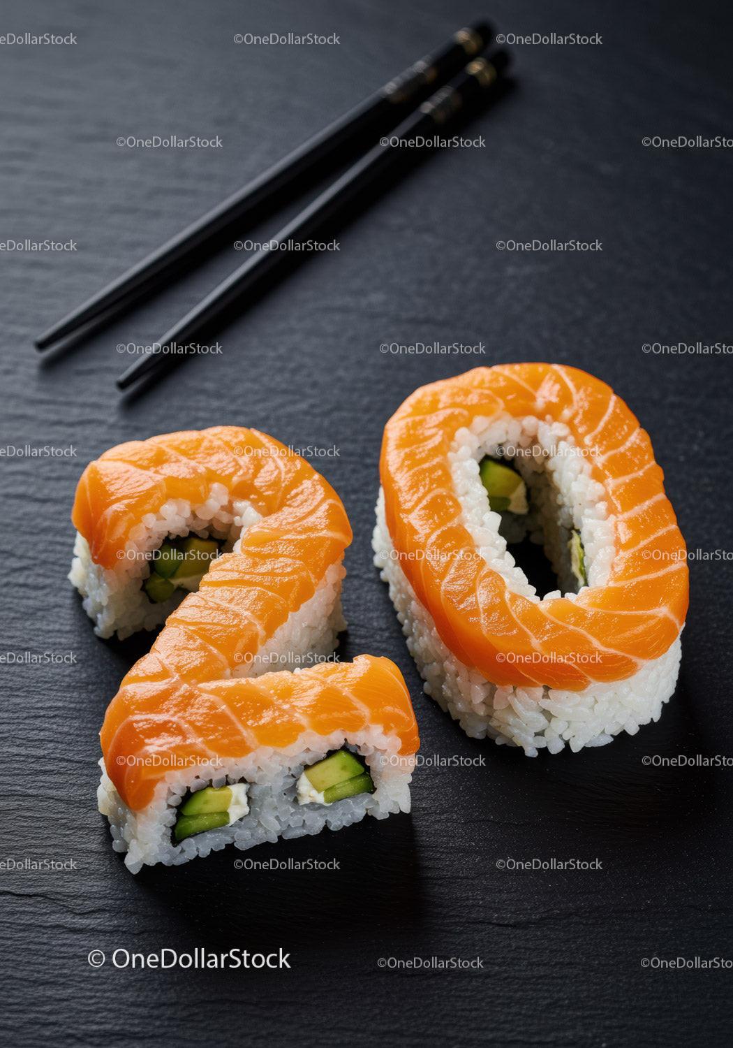 Sushi rolls shaped as number twenty with chopsticks