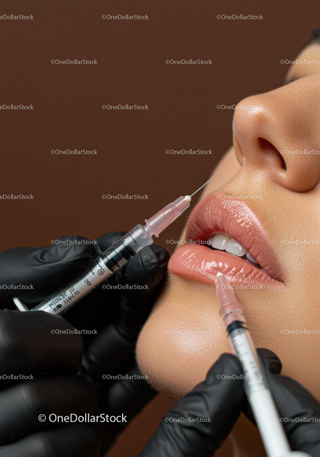 Close-Up of Lip Injection Procedure with Dermal Filler and Medical Syringe