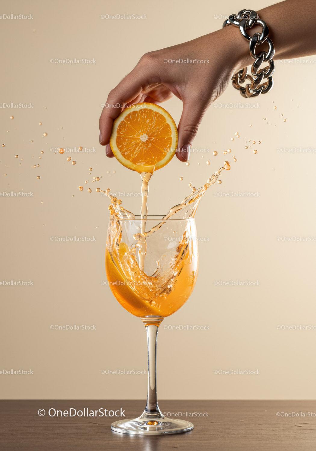 Hand squeezing fresh orange juice into wine glass