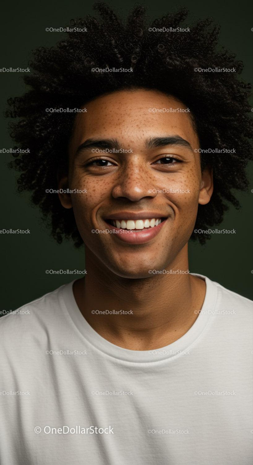 Portrait of a Joyful Young Man with Curly Hair and Bright Smile