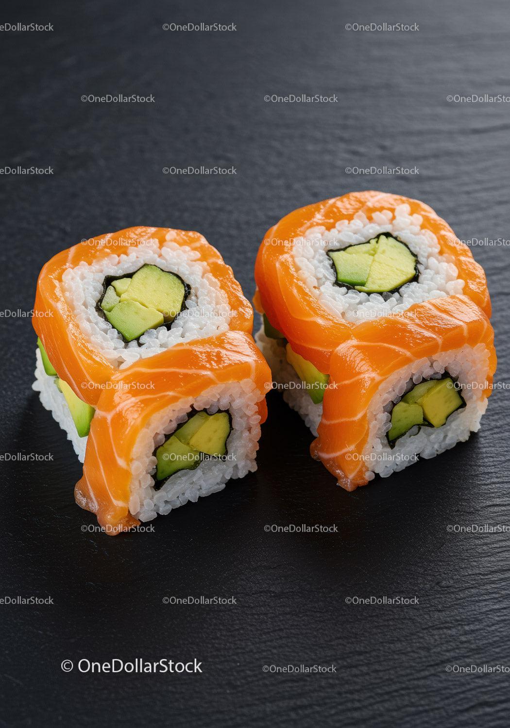 Fresh salmon avocado sushi rolls on dark slate