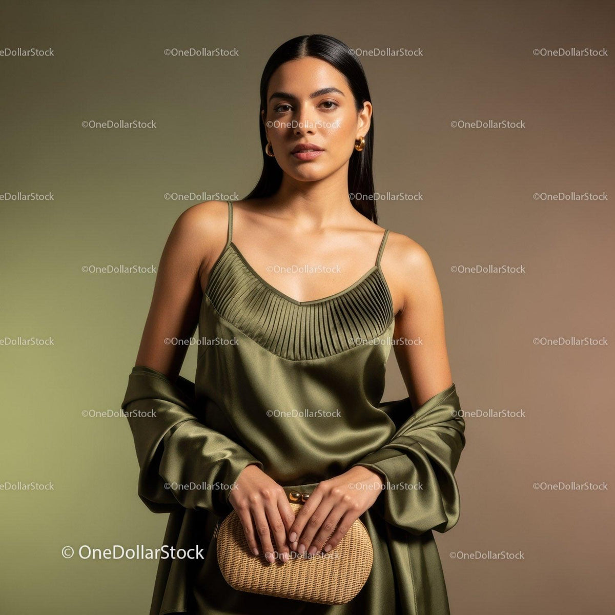 Elegant Woman in Satin Dress with Handbag Studio Fashion Portrait