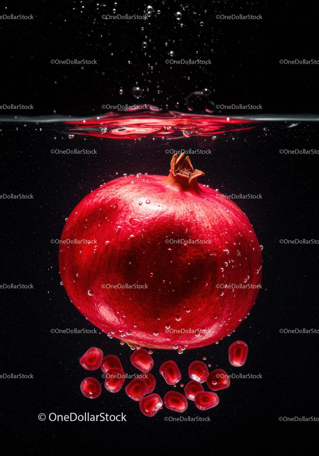 Fresh pomegranate submerged with scattered seeds underwater