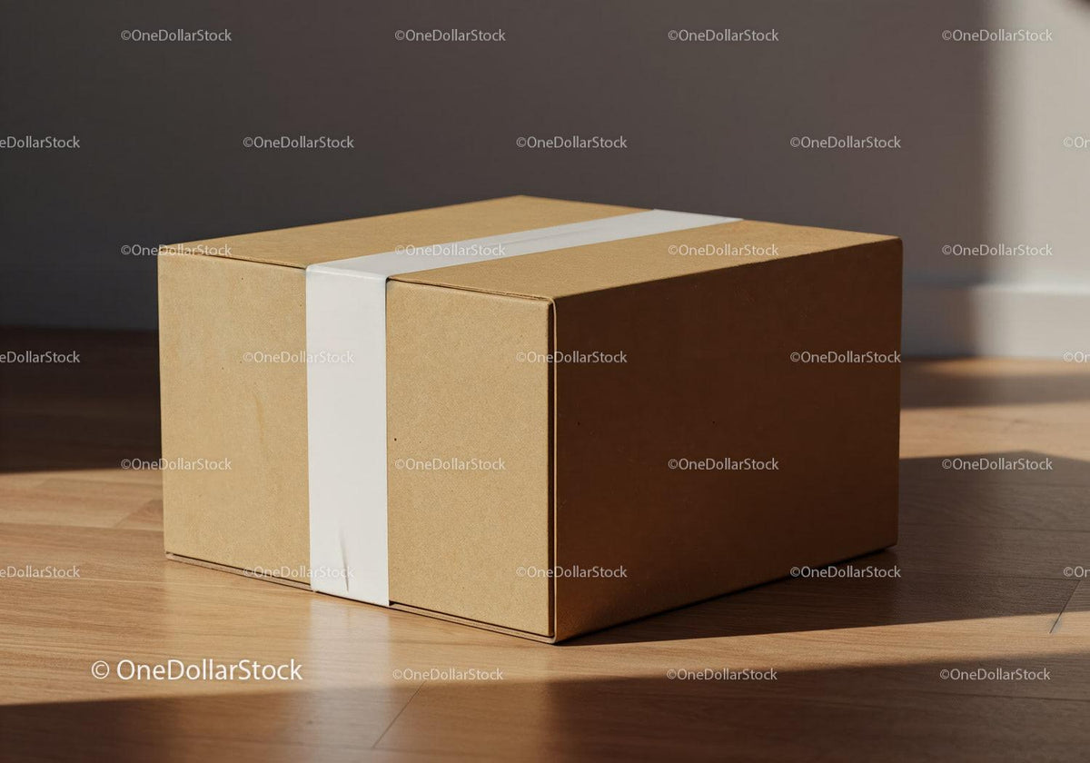 Brown cardboard box sealed with white tape on wooden floor JPG Mockup Image preview