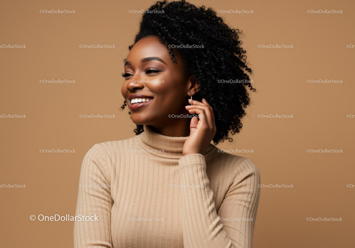 Elegant African American Woman with Afro Hairstyle Smiling in Beige Turtleneck