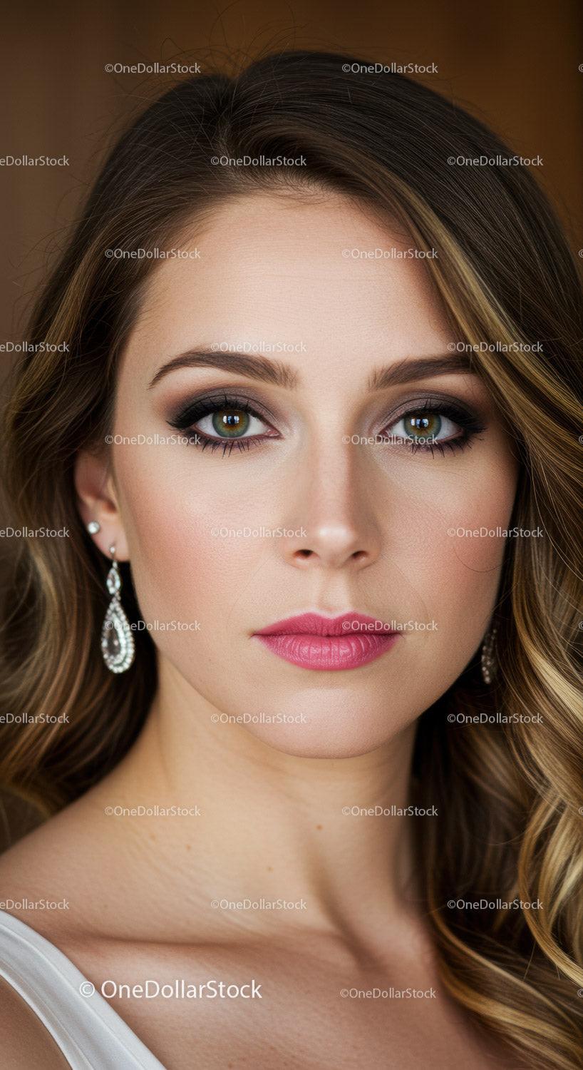 Elegant Portrait of a Woman with Glamorous Makeup and Wavy Hair