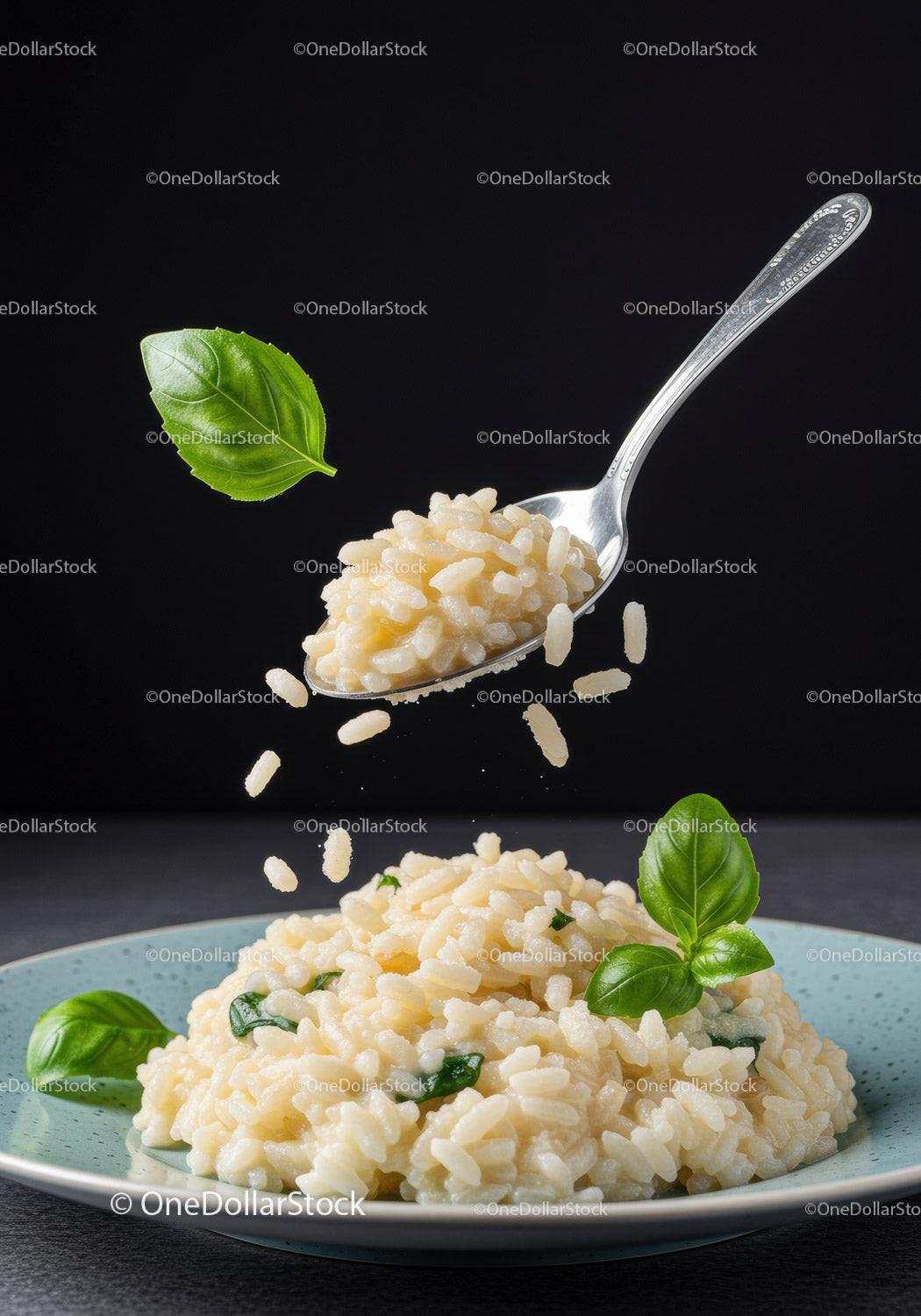 Creamy risotto with fresh basil on a blue plate