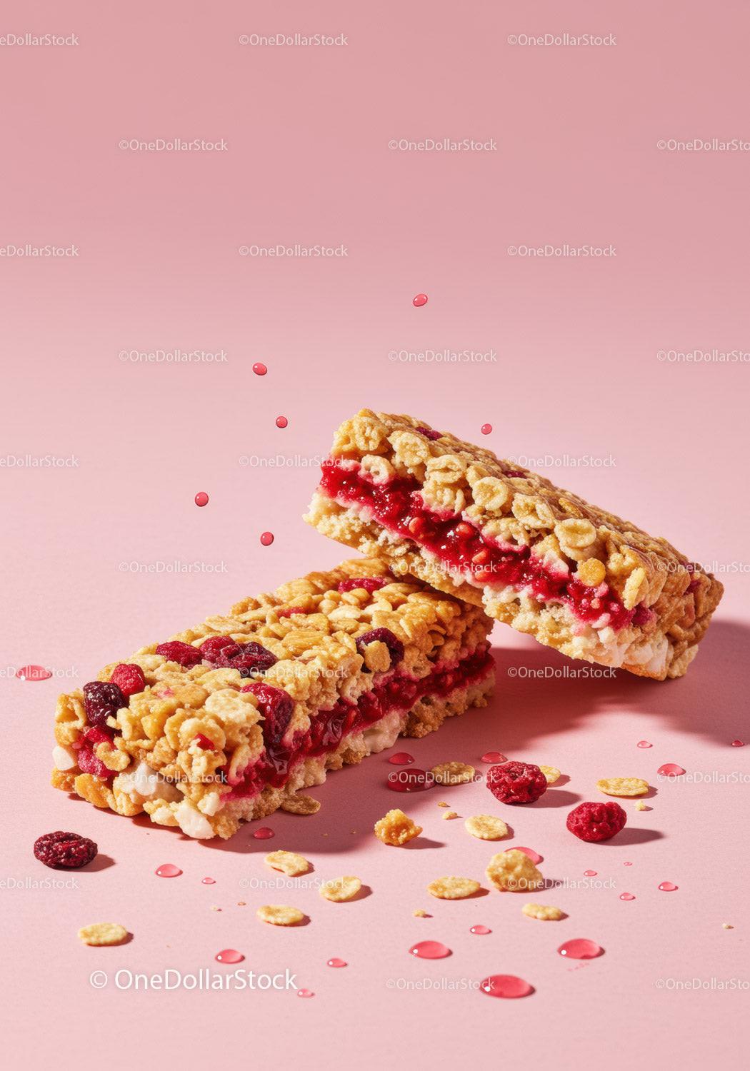 Berry filled granola bars with scattered cereal and drops