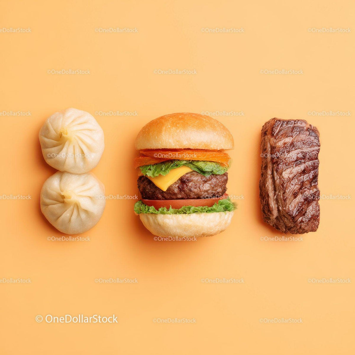 Gourmet Burger with Lettuce and Tomato Next to Grilled Steak and Dumpling Stock Photo Bundle preview 33
