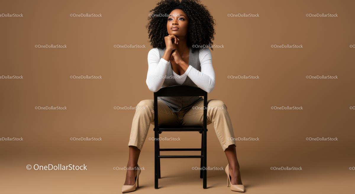 Fashionable Woman Sitting on Chair with Confident Pose in Studio
