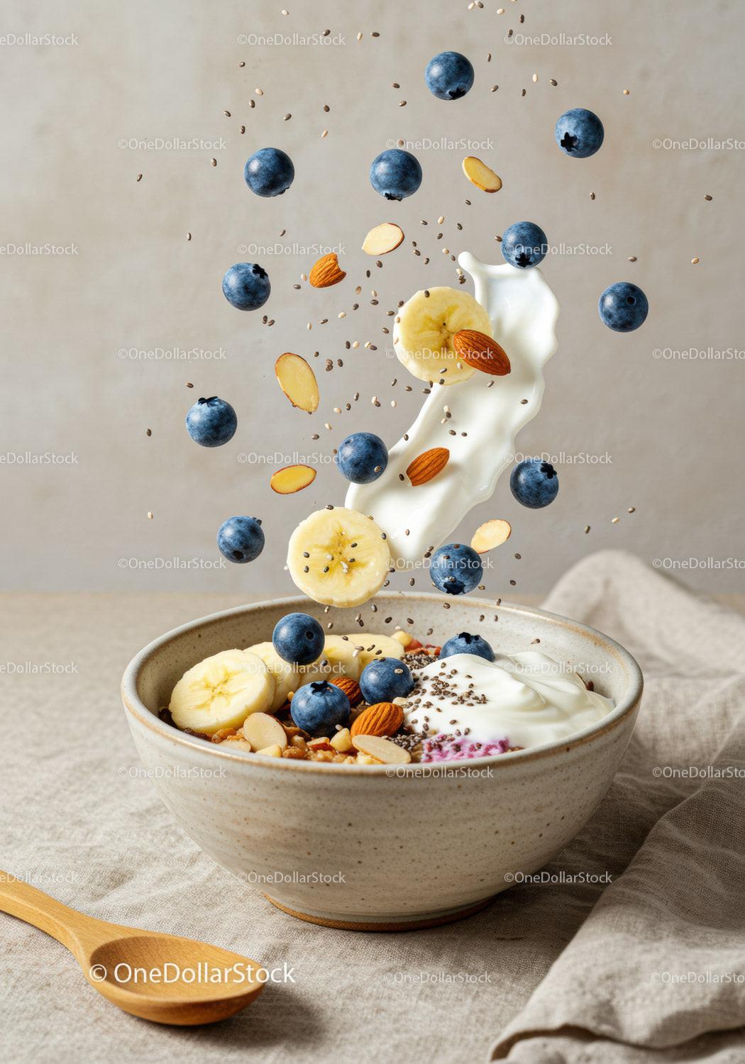 Healthy breakfast bowl with fresh blueberries and yogurt