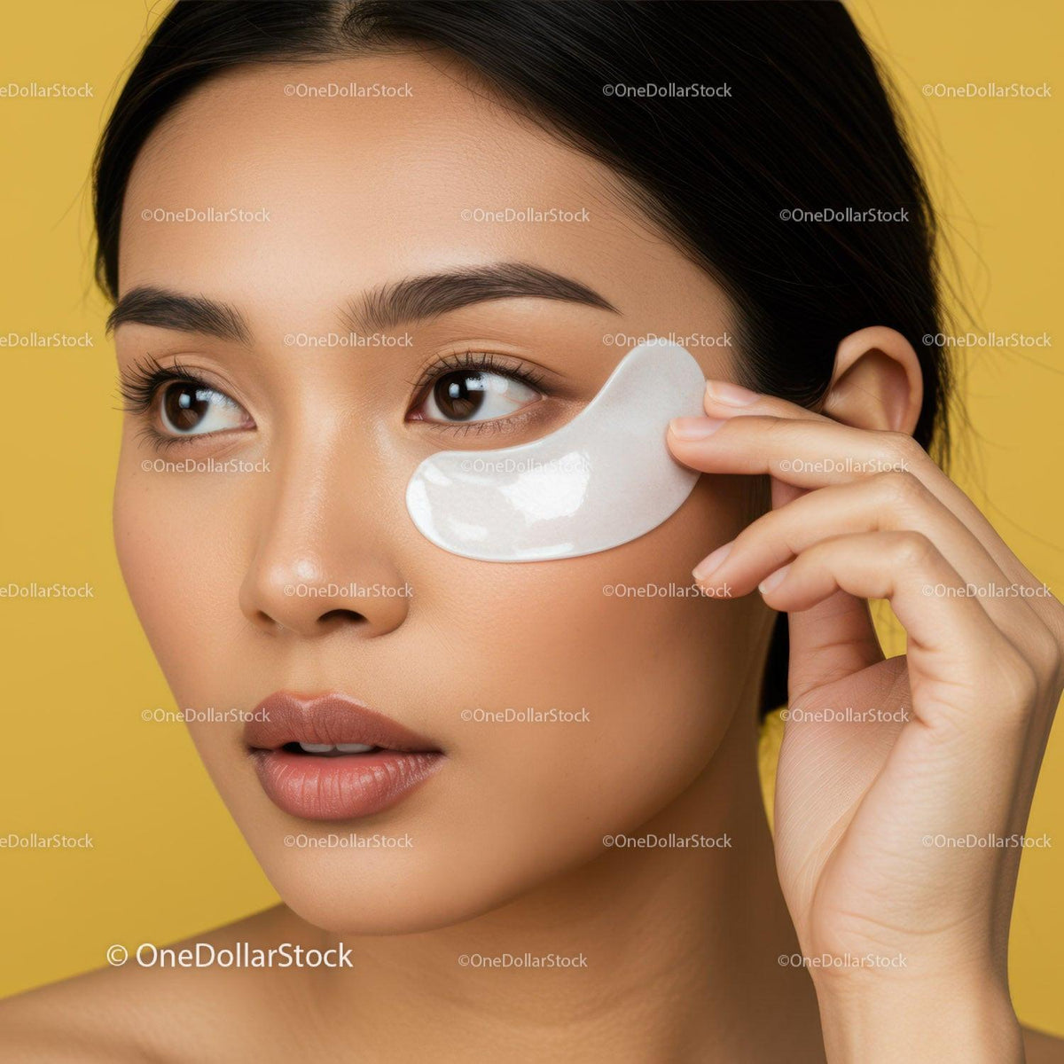 Close-up of a woman applying under-eye gel mask for skincare