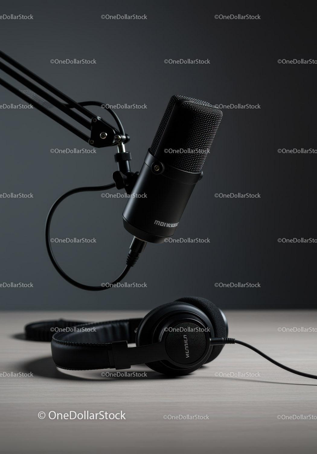 Black Studio Microphone and Headphones for Professional Audio Recording