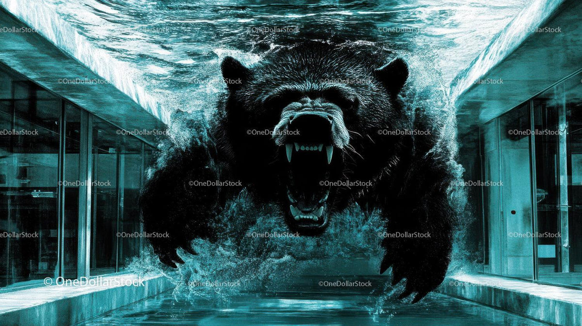 Large bear with open mouth lunging through water in glass pool