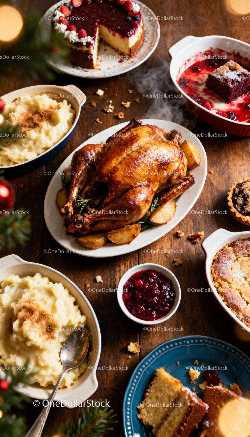 Traditional Roast Chicken Dinner with Mashed Potatoes and Desserts