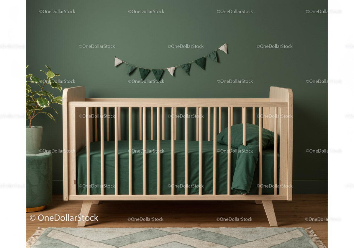 Modern Green Nursery with Wooden Crib and Houseplant