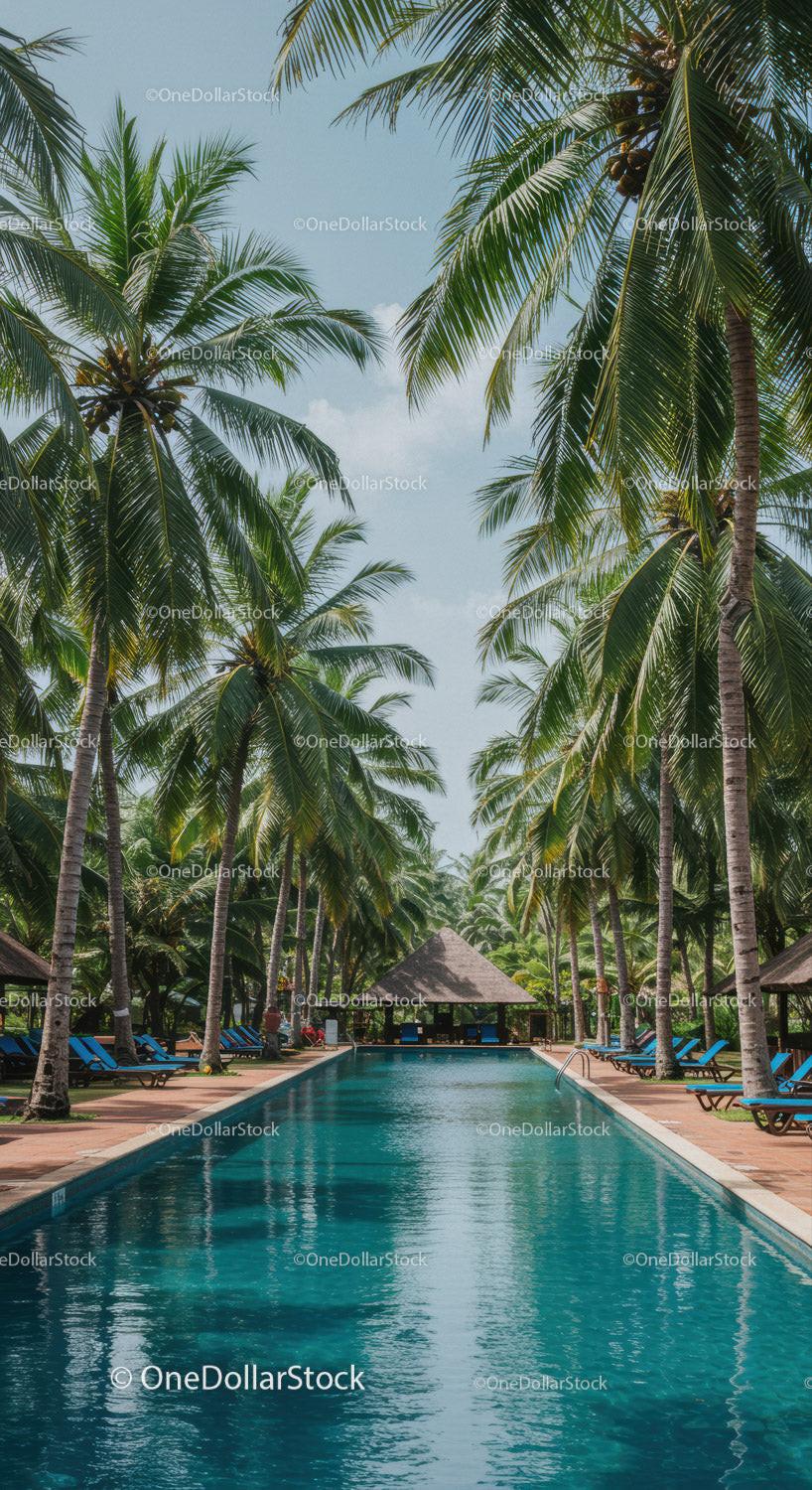 Tropical Resort Pool Surrounded by Palm Trees and Sunlit Sky