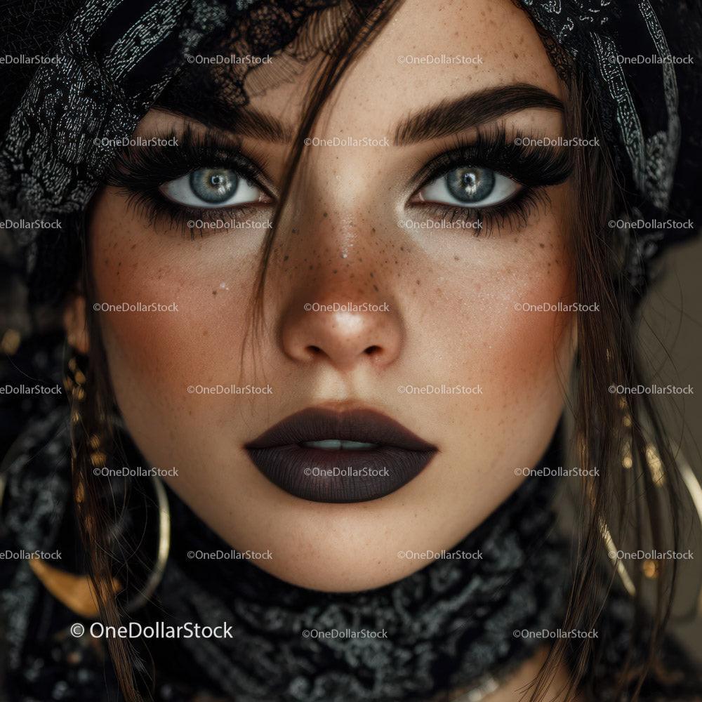 Close-up of Young Woman with Blue Eyes and Dark Lipstick