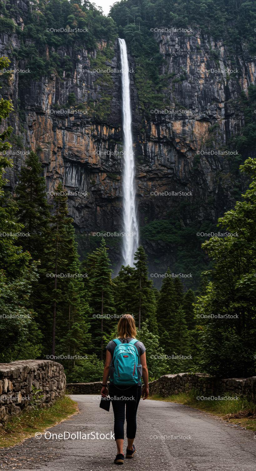 Majestic Waterfall Surges Down Forest Cliffs with Hiker Walking