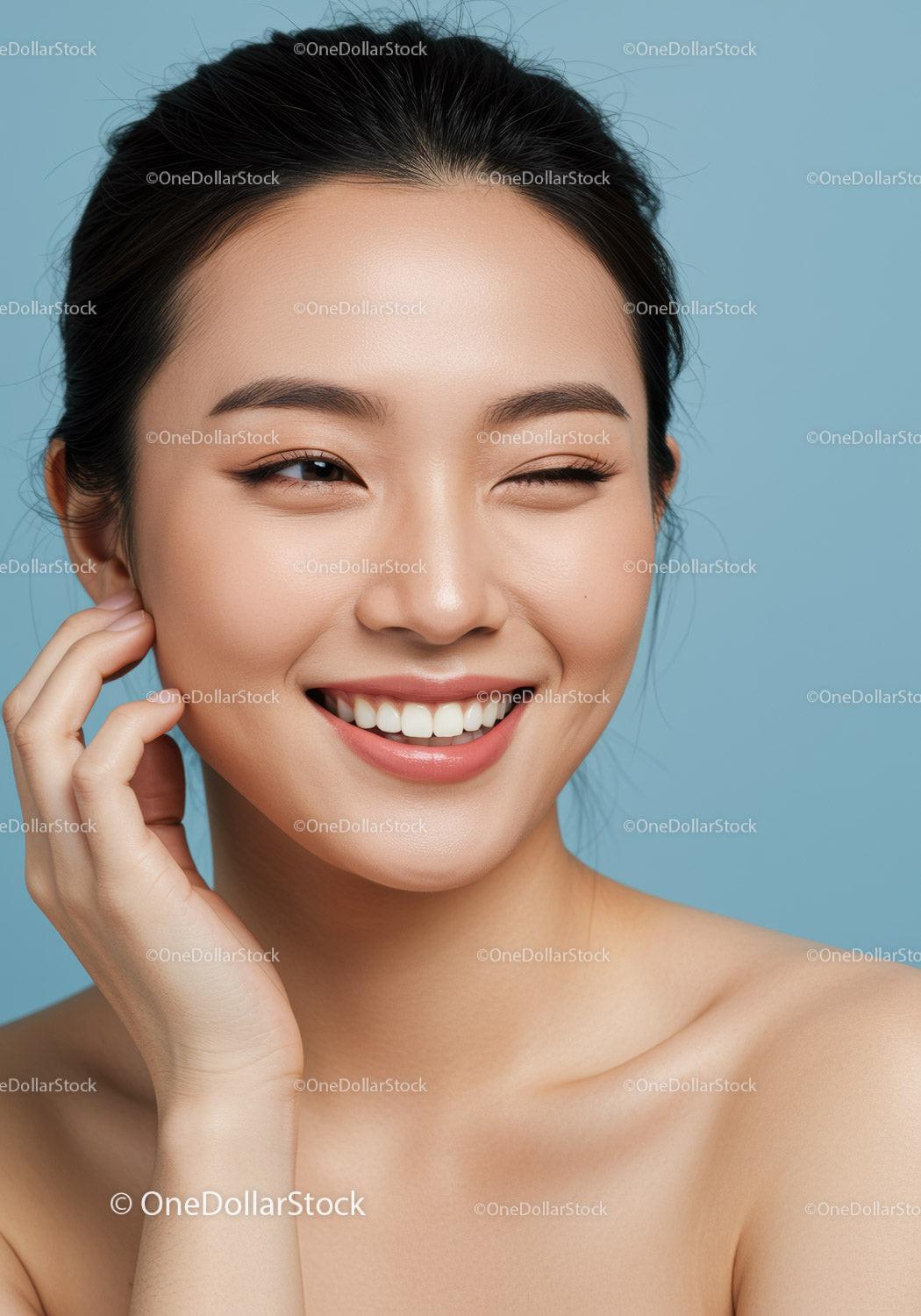 Portrait of a Smiling Young Woman with Clear Skin on Blue Background