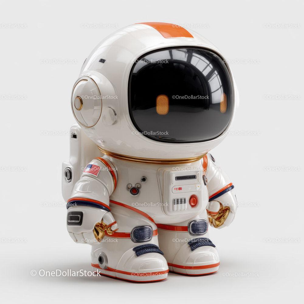 Small white astronaut figurine with orange and gold details and a black visor