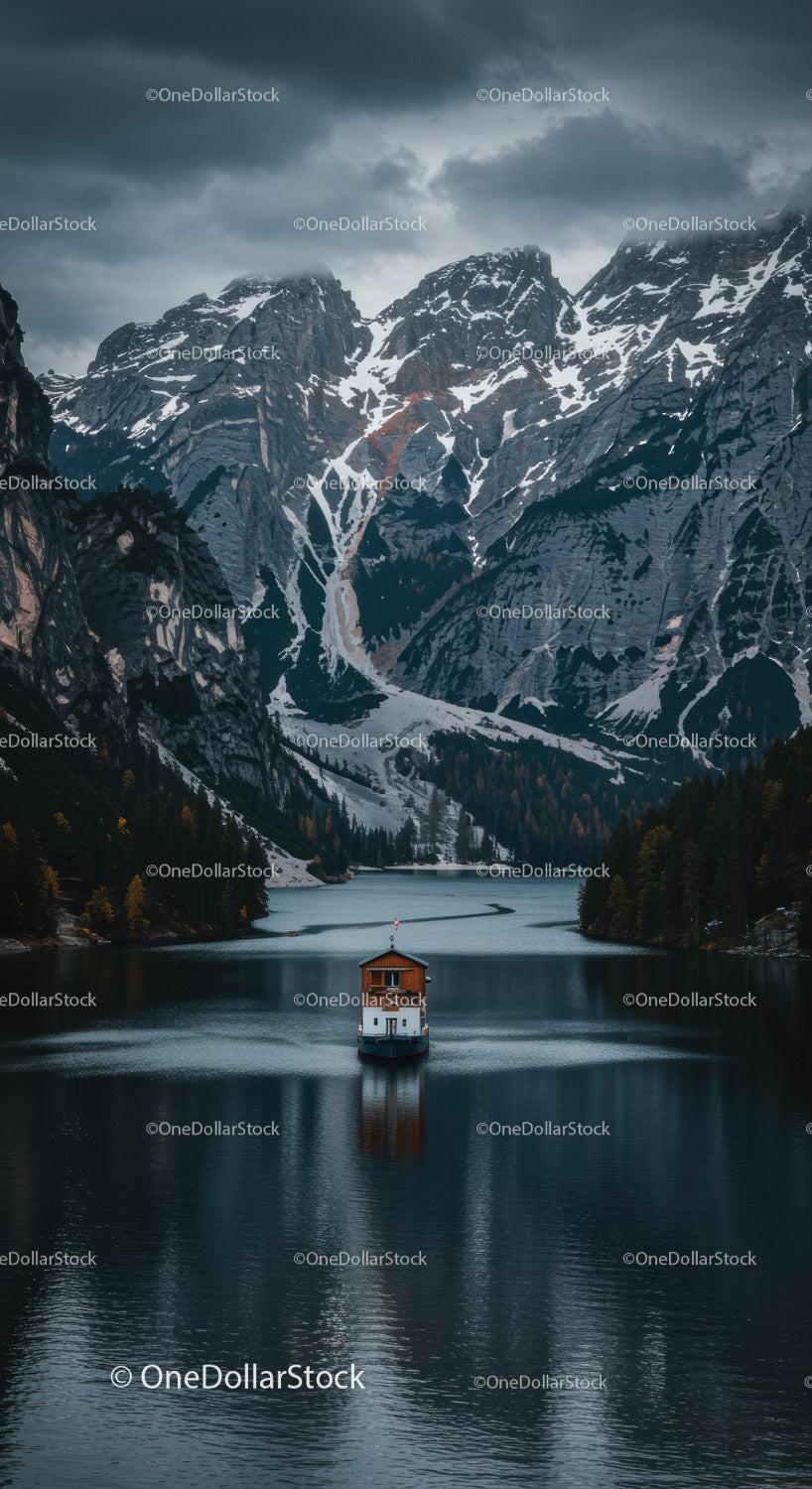 Serene Boat Journey on Alpine Lake with Snowy Peaks