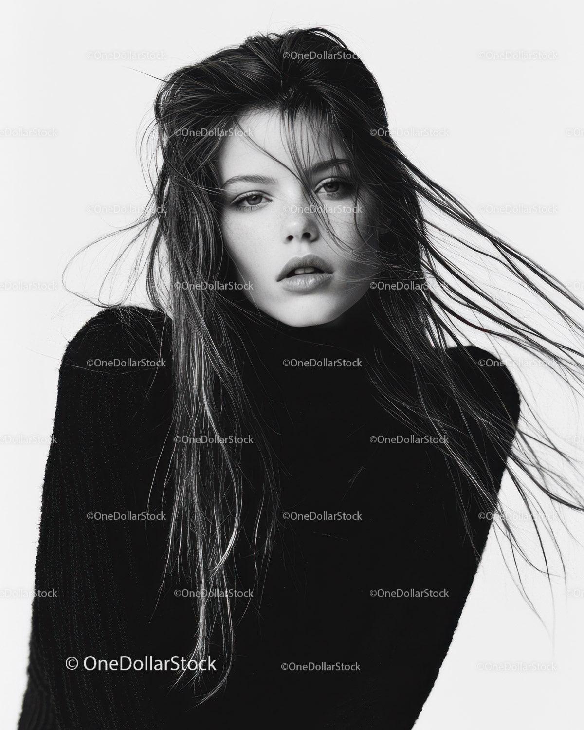 Black and White Portrait of Woman with Wet Hair and Intense Gaze