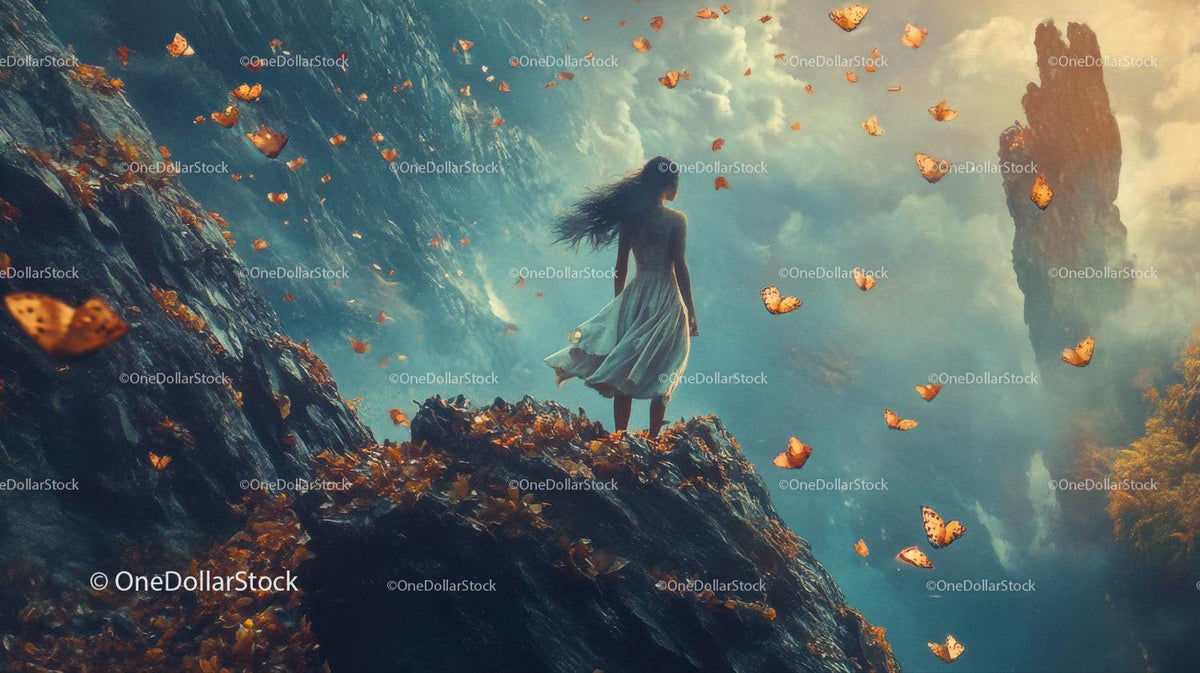 Girl in white dress on rocky cliff with flying orange butterflies and misty mountains