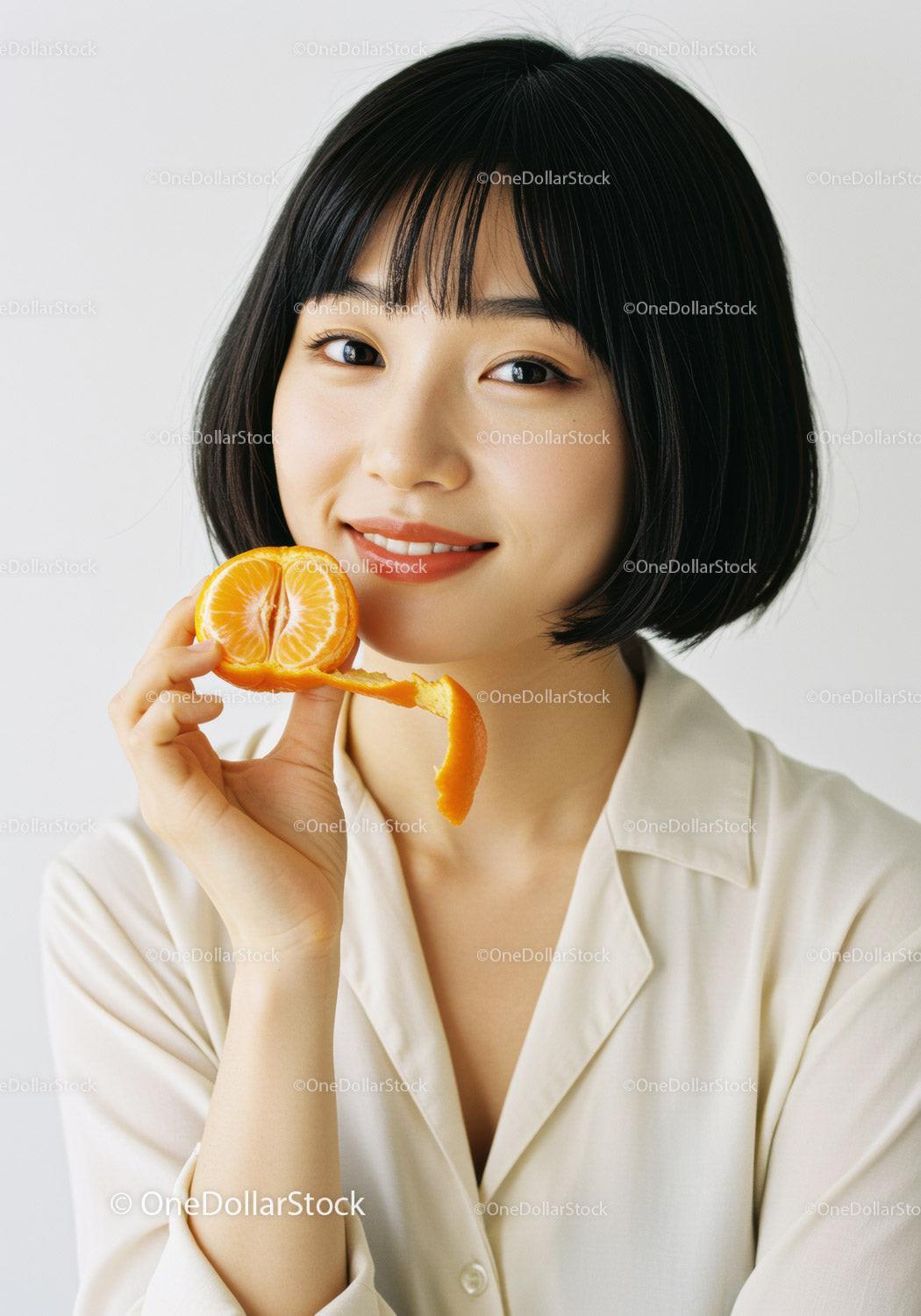 Portrait of a Young Woman Holding a Peeled Orange with a Bright Smile