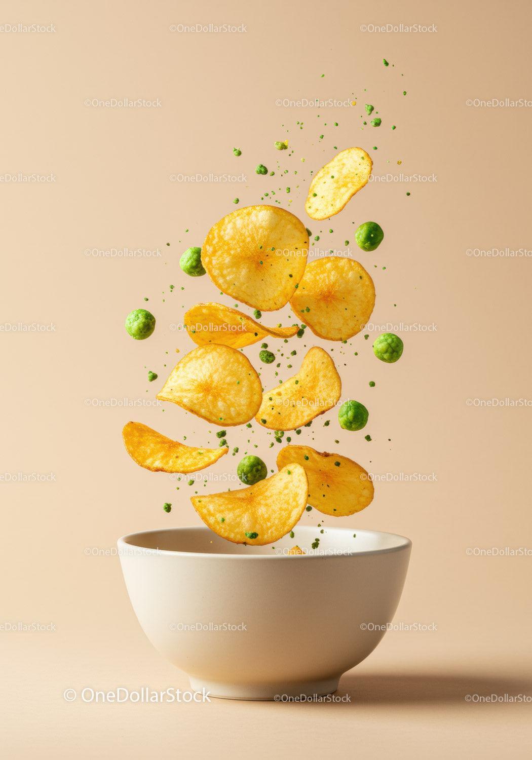 Crisp potato chips and green peas falling into bowl