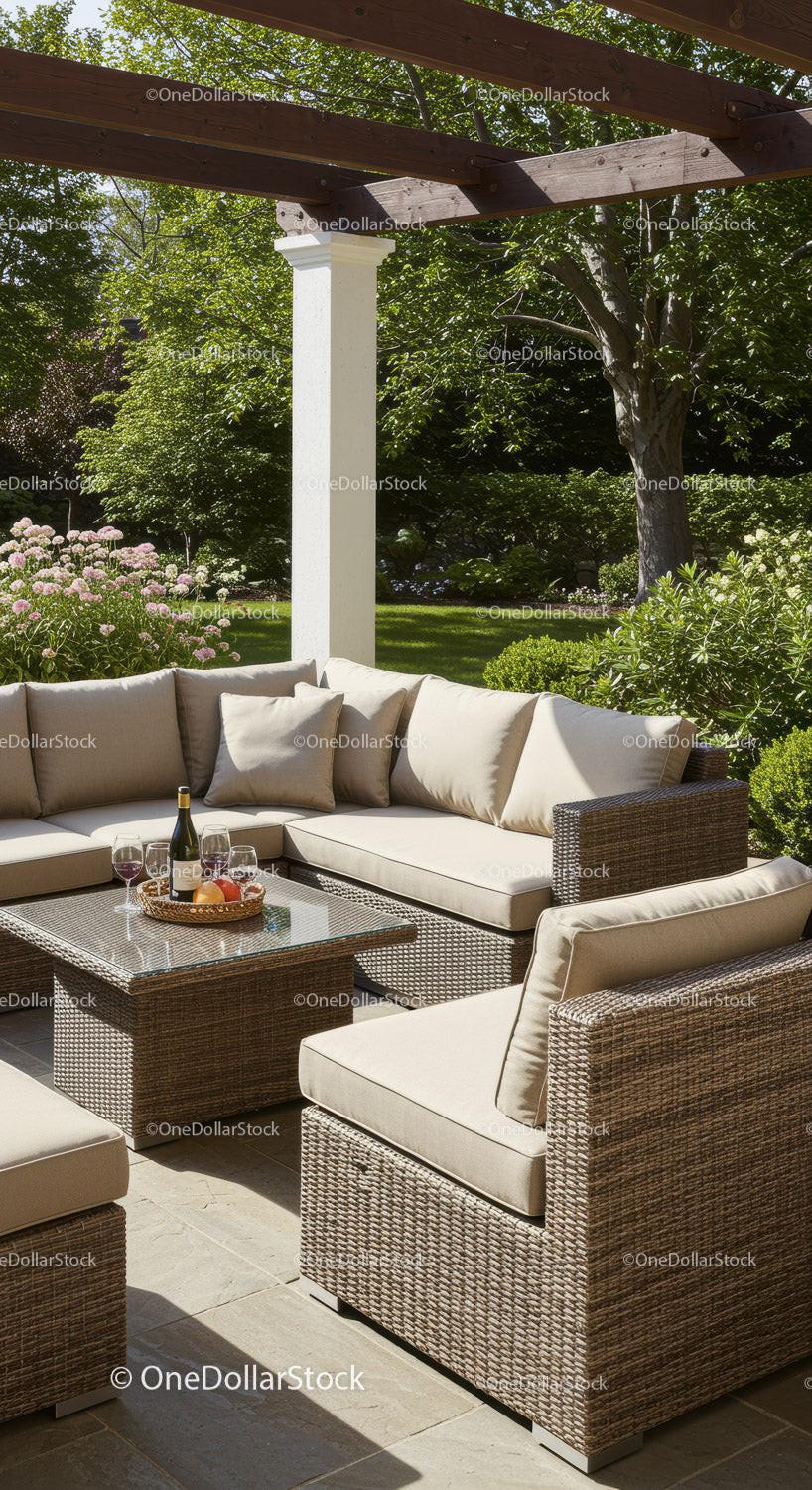 Elegant Outdoor Patio with Wicker Lounge Furniture and Lush Garden Setup