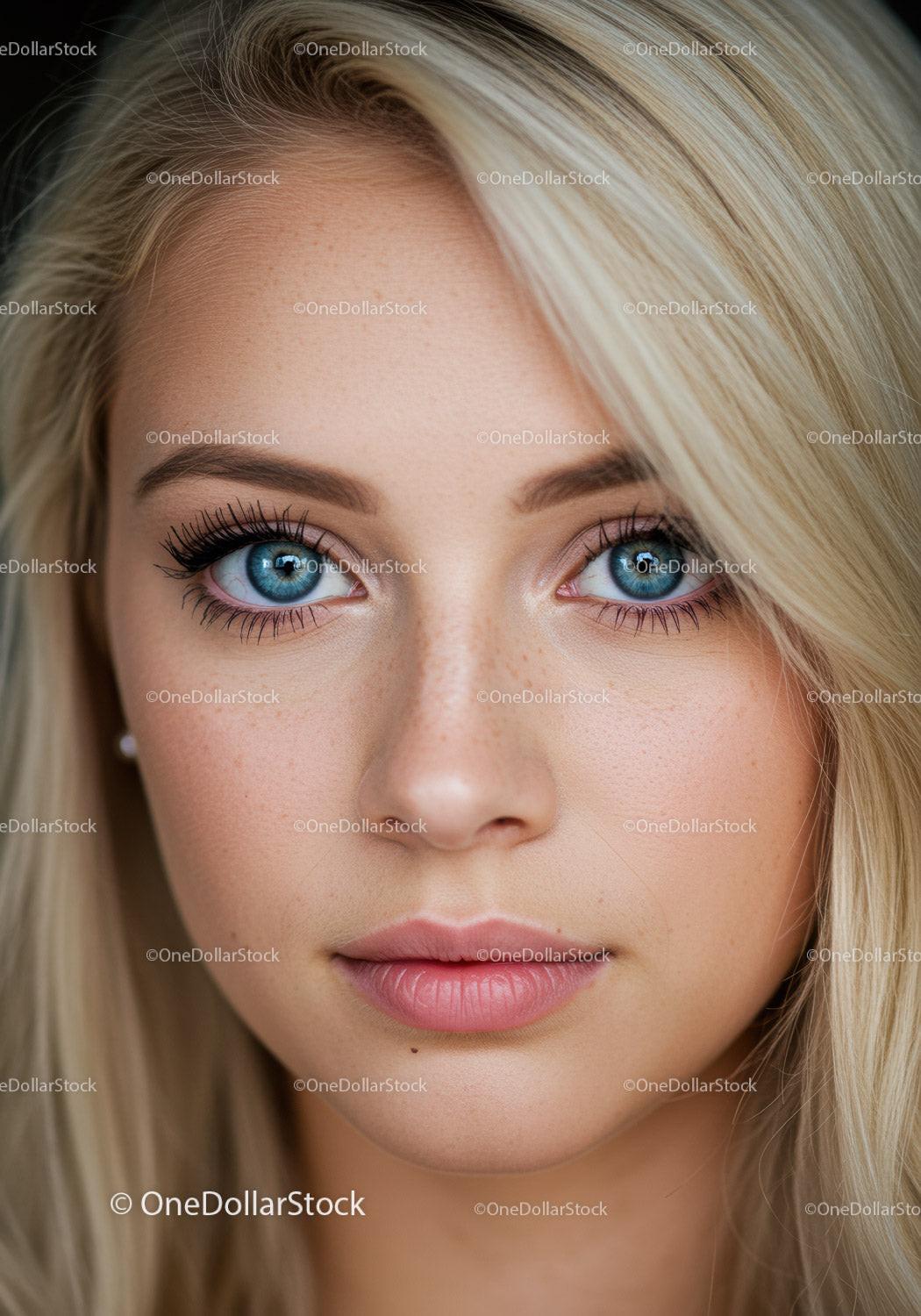 Close up portrait of young woman with blue eyes and blonde hair