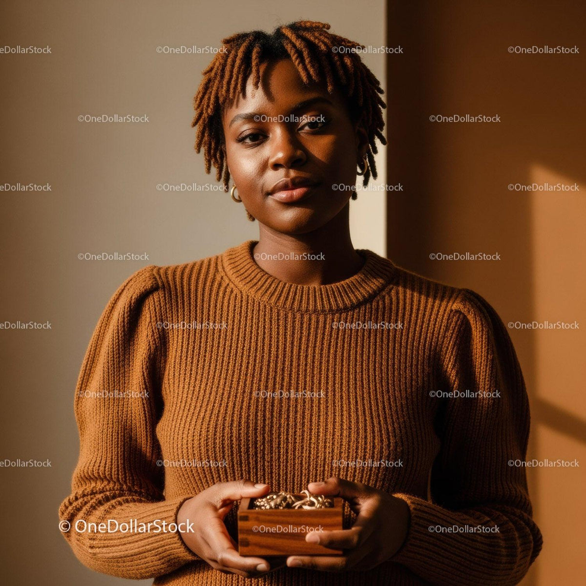 Elegant Woman in Brown Sweater Holding Jewelry in Warm Interior