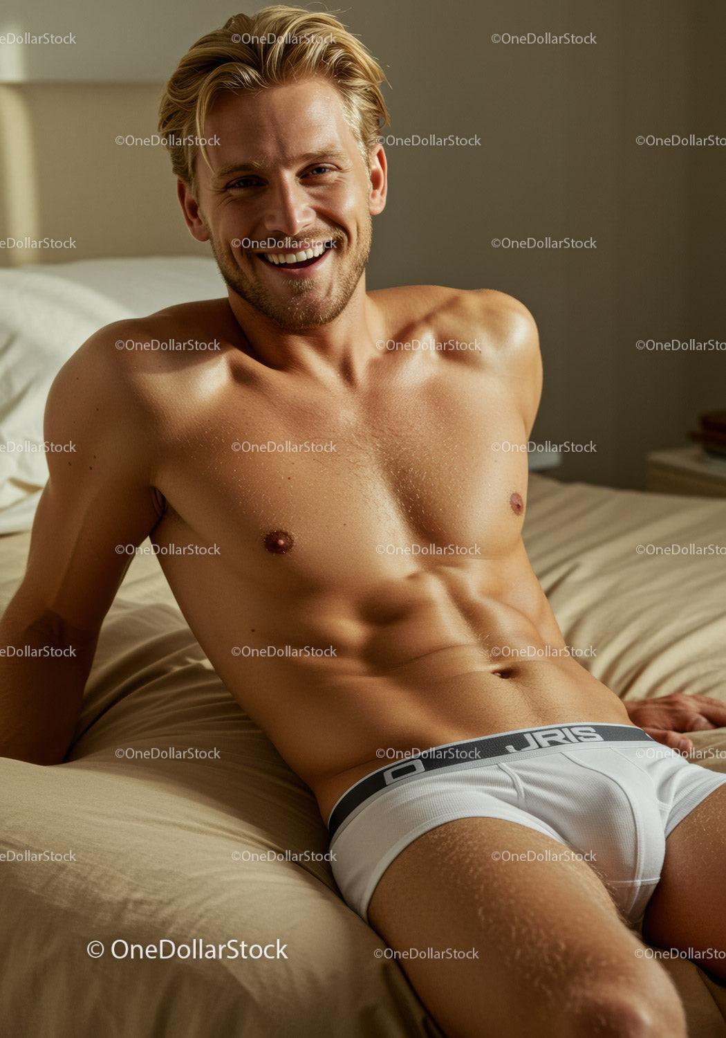 Relaxed young man smiling on bed in natural light