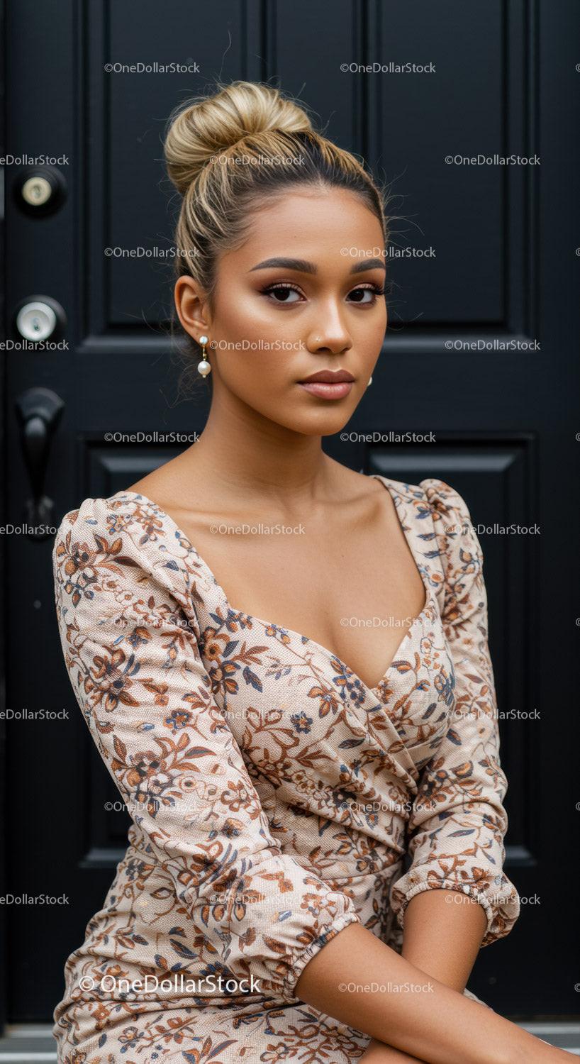 Elegant young woman in floral dress by dark door