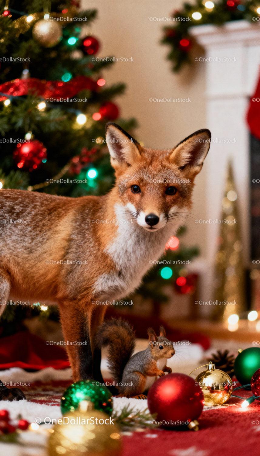 Fox and squirrel exploring festive Christmas decorations