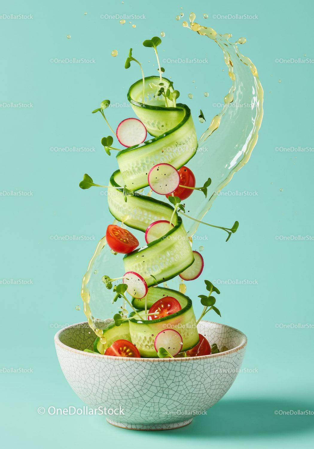 Fresh cucumber ribbons with cherry tomatoes and radishes