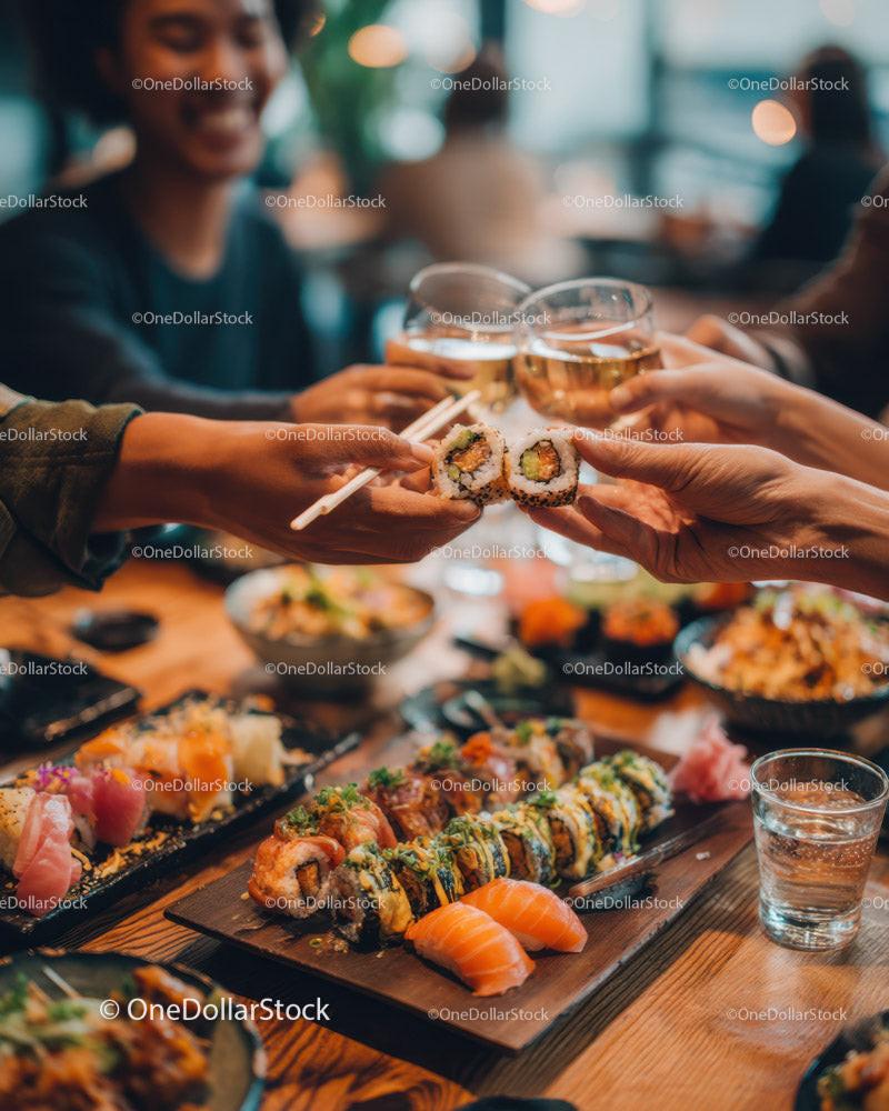 Diverse group of friends enjoying colorful sushi in modern restaurant Stock Photo Bundle preview 11