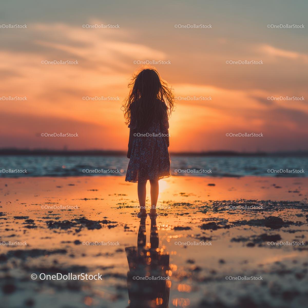 Silhouette of a Child at Sunset by the Ocean Shore Stock Photo Bundle preview