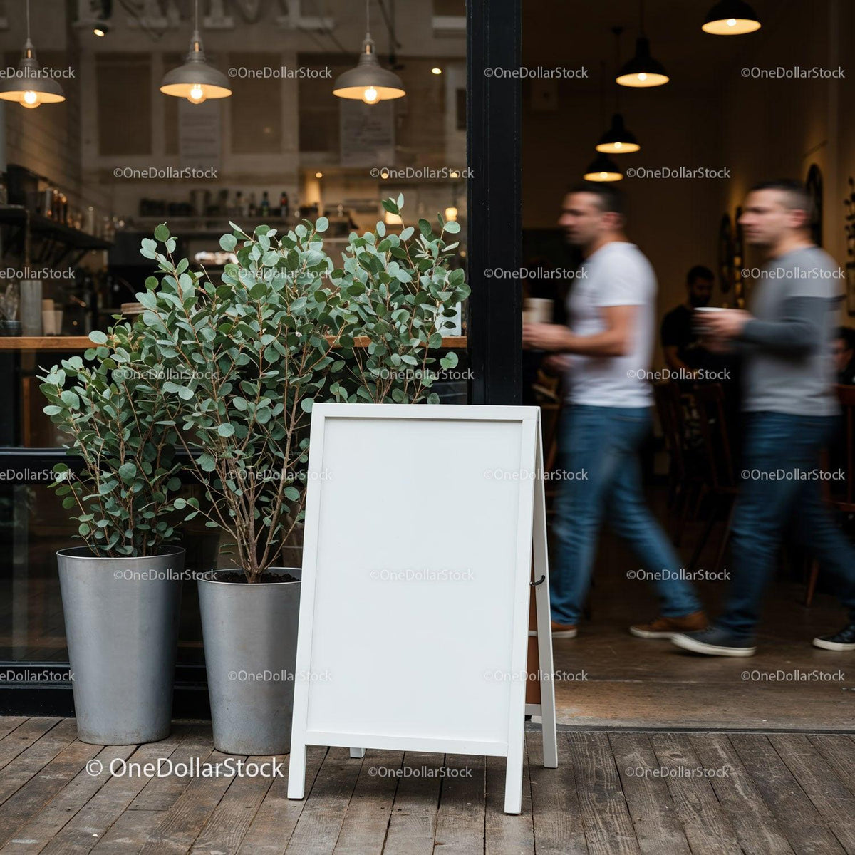Blank white sandwich board outside modern cafe entrance JPG Mockup Image preview