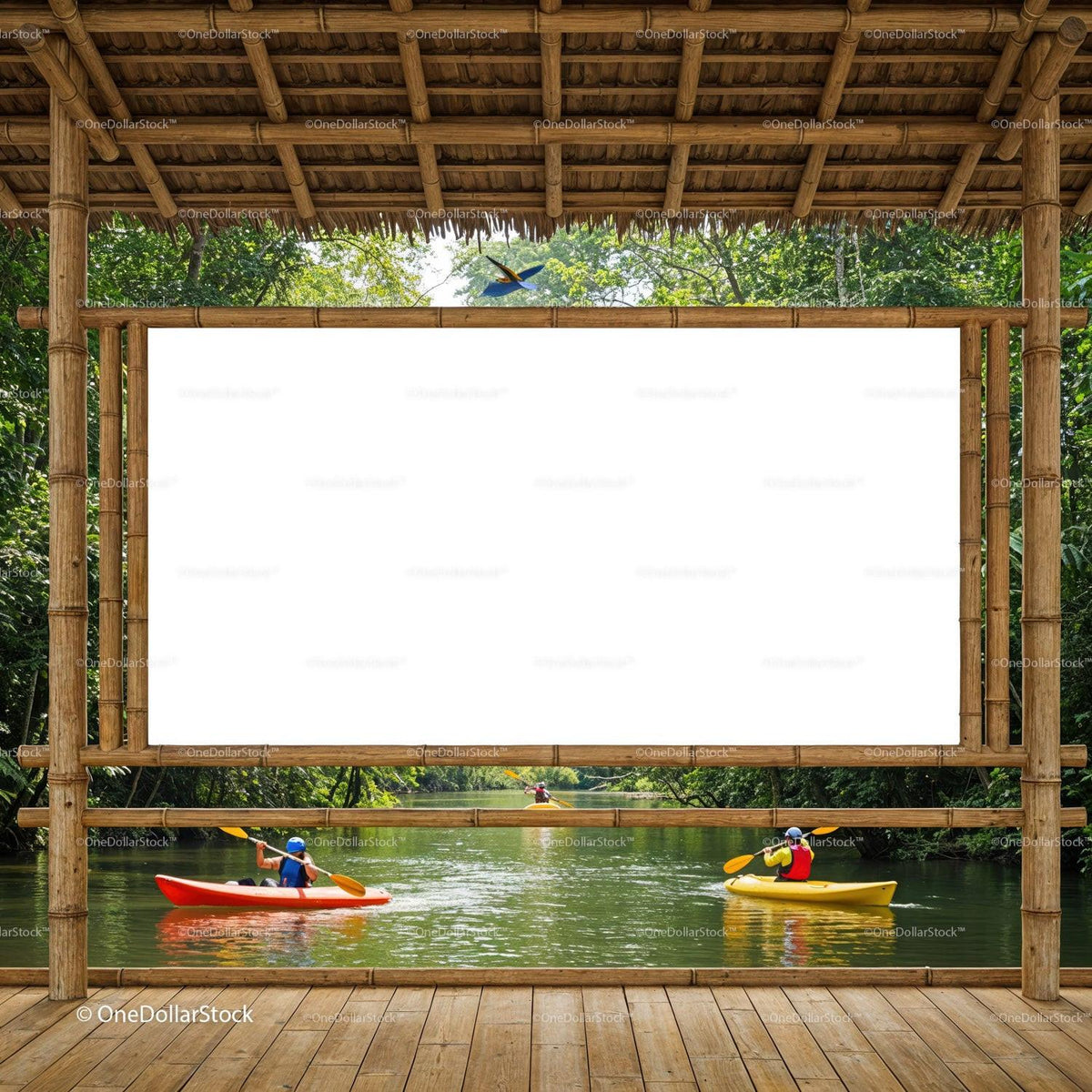 Kayakers paddling on a calm river in lush forest JPG Mockup Image preview