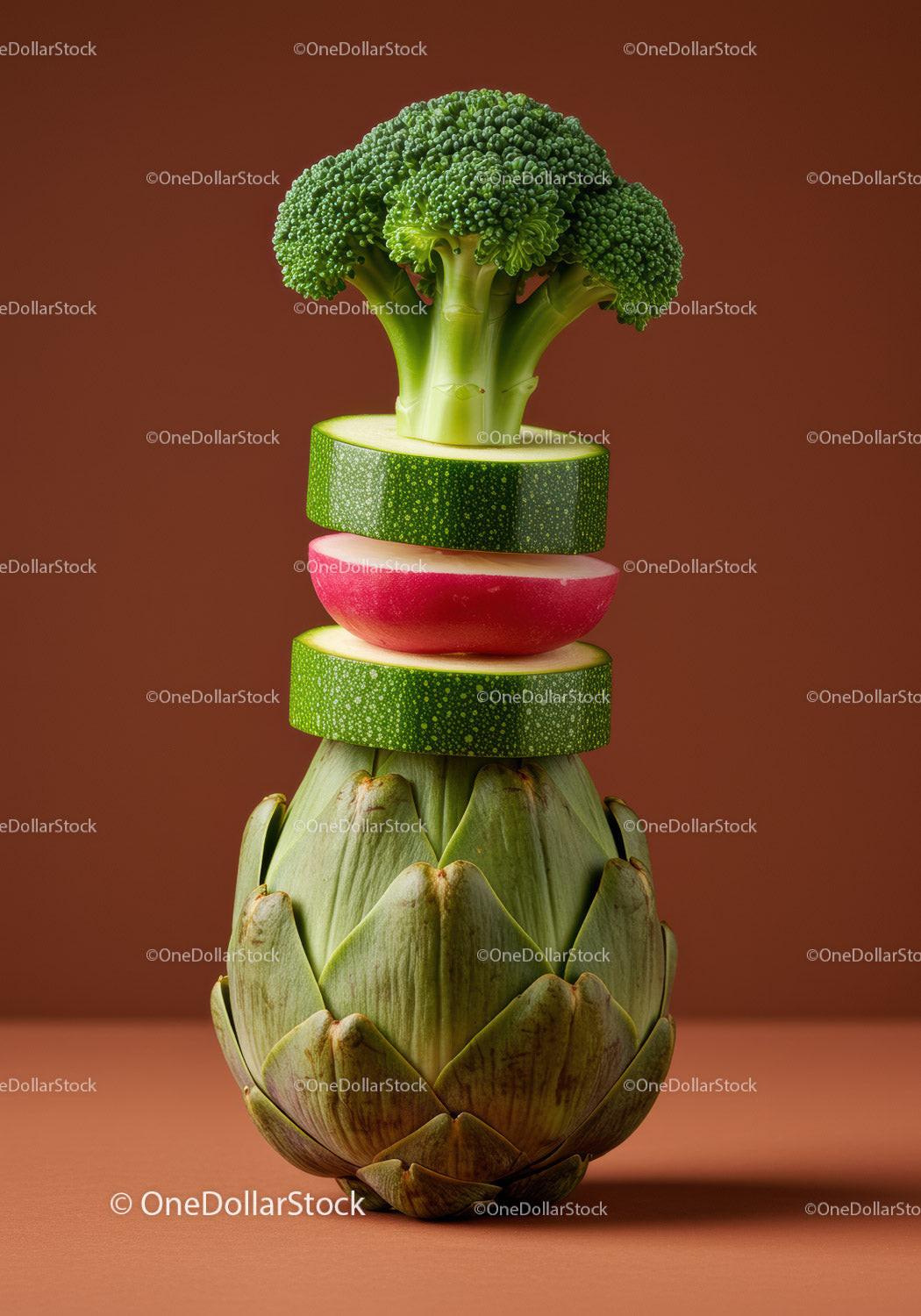 Fresh vegetable stack with artichoke and broccoli slices
