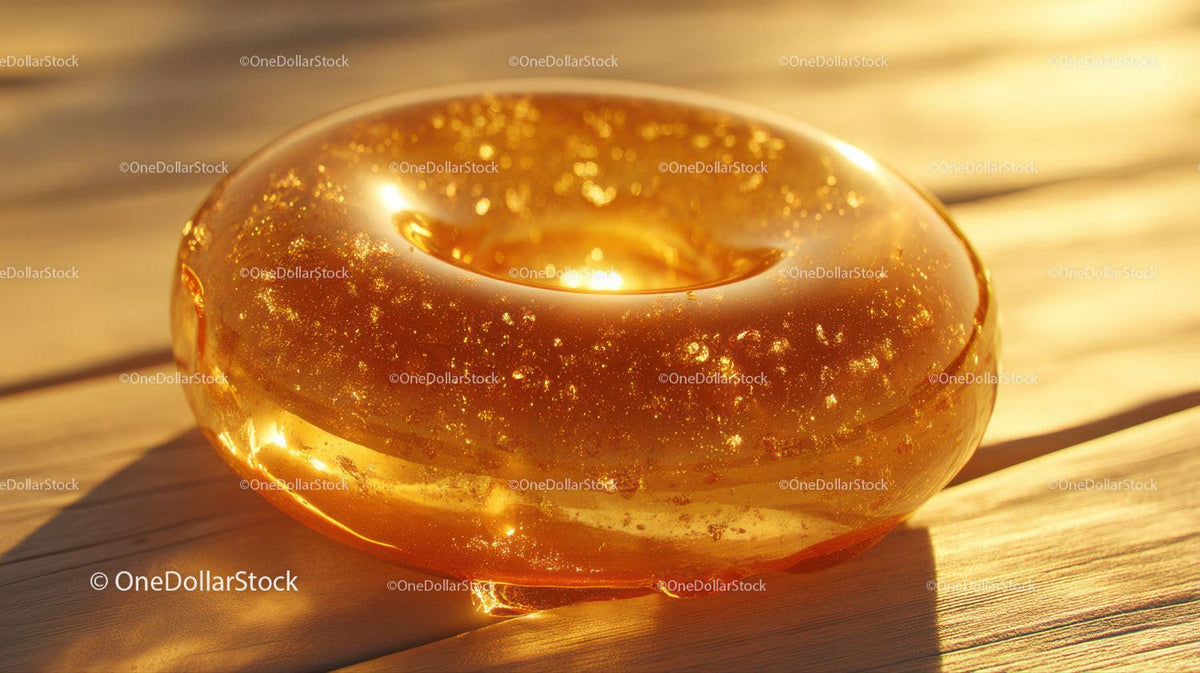 Translucent donut-shaped resin object with golden sparkles on wooden surface in sunlight